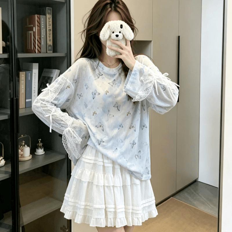 실사 파란색 나비 프린트 블라우스 티셔츠 여성 가을 작은 대중 캐주얼 루즈핏 얇은 스타일 자외선 차단 맨위 이미지 5