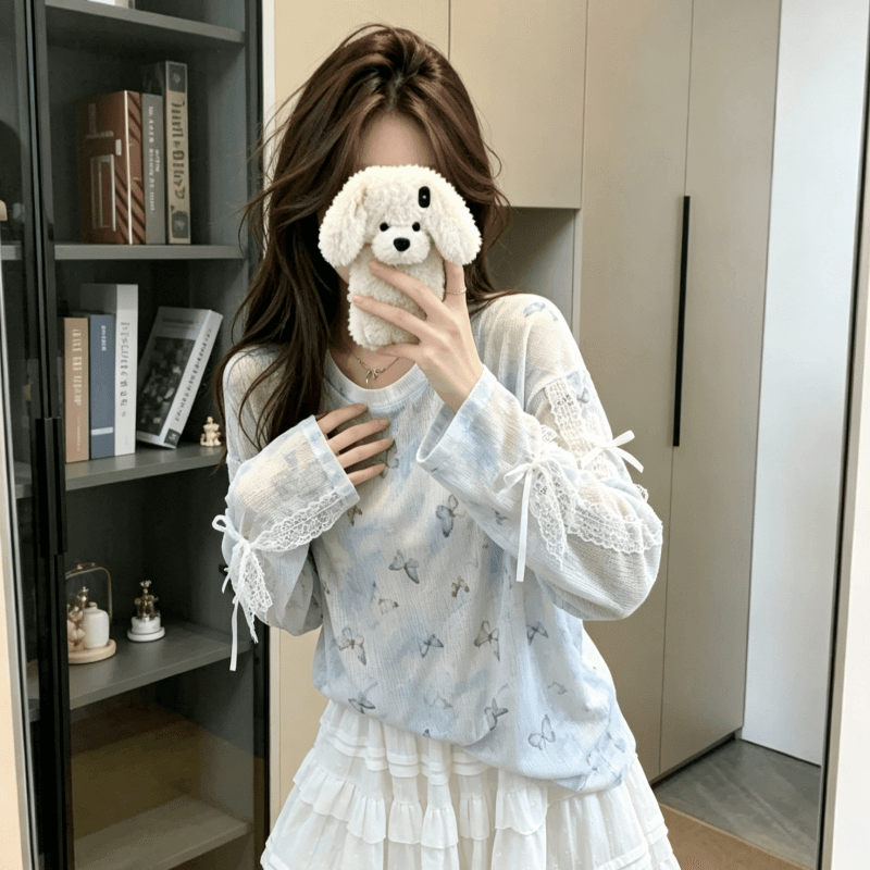 실사 파란색 나비 프린트 블라우스 티셔츠 여성 가을 작은 대중 캐주얼 루즈핏 얇은 스타일 자외선 차단 맨위 상세 이미지 6