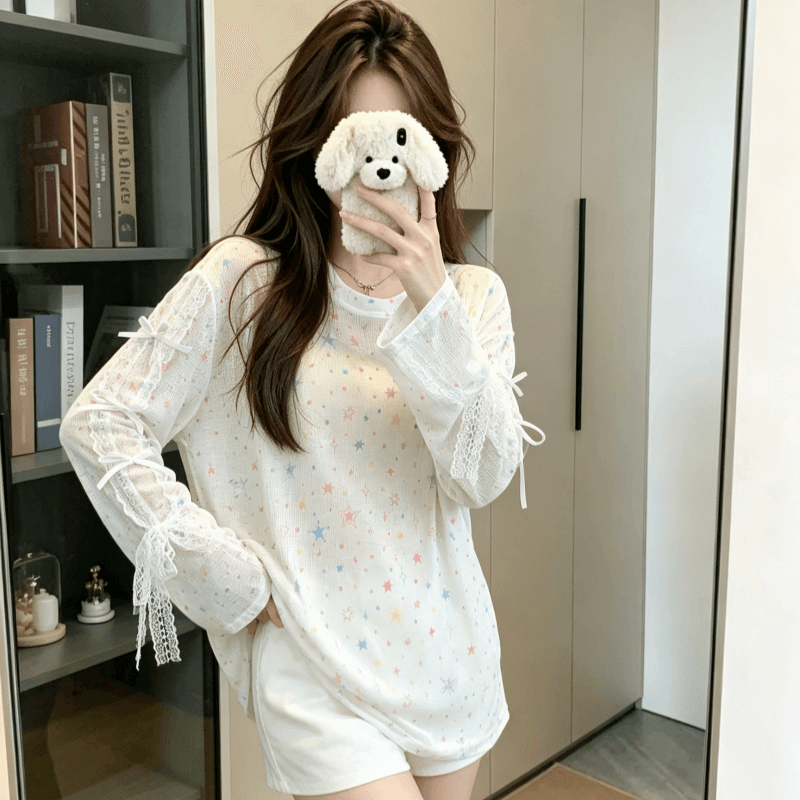실사 도파민 별 프린트 블라우스 티셔츠 여성 봄 여름 작은 대중 캐주얼 루즈핏 얇은 스타일 자외선 차단 맨위 상세 이미지 1