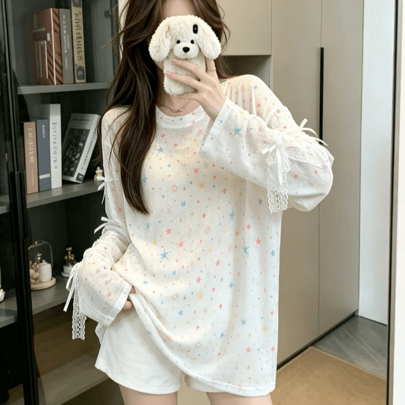 실사 도파민 별 프린트 블라우스 티셔츠 여성 봄 여름 작은 대중 캐주얼 루즈핏 얇은 스타일 자외선 차단 맨위 상세 이미지 4