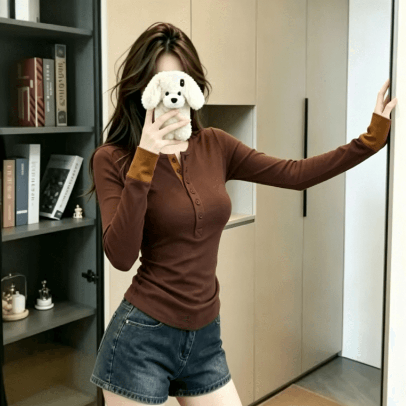 실사 아메리칸 페이크 레이어드 고급 기본 셔츠 봄 가을 새로운 몸매 가꾸기 긴팔 티셔츠 여성 핫걸 인사이드 잡아라. 의류 트렌디 상세 이미지 3
