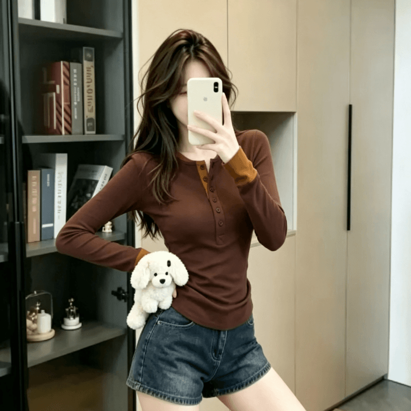 실사 아메리칸 페이크 레이어드 고급 기본 셔츠 봄 가을 새로운 몸매 가꾸기 긴팔 티셔츠 여성 핫걸 인사이드 잡아라. 의류 트렌디 상세 이미지 4