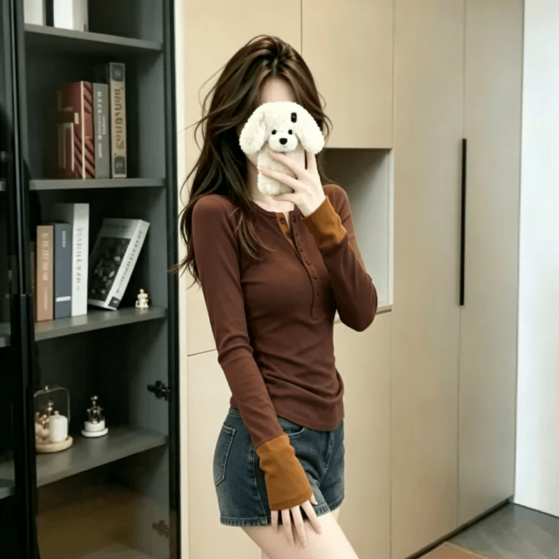 실사 아메리칸 페이크 레이어드 고급 기본 셔츠 봄 가을 새로운 몸매 가꾸기 긴팔 티셔츠 여성 핫걸 인사이드 잡아라. 의류 트렌디 상세 이미지 7
