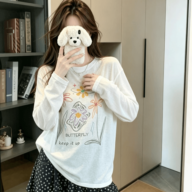실사 자외선 차단 블라우스 여성 여름 얇은 스타일 루즈핏 프린트 화이트 긴팔 티셔츠 맨위 이미지 2