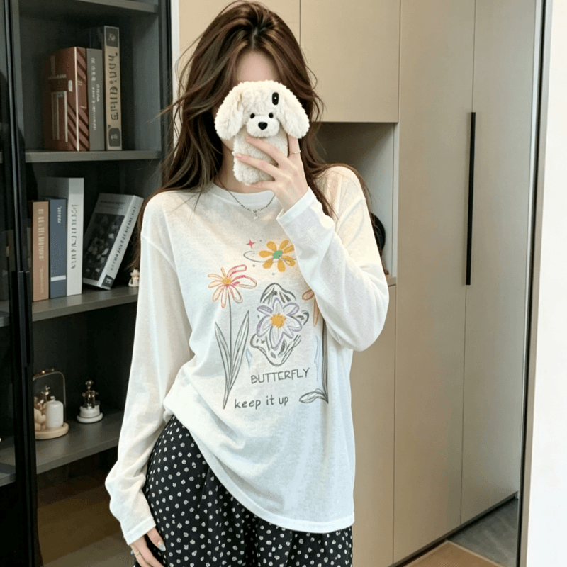 실사 자외선 차단 블라우스 여성 여름 얇은 스타일 루즈핏 프린트 화이트 긴팔 티셔츠 맨위 상세 이미지 2