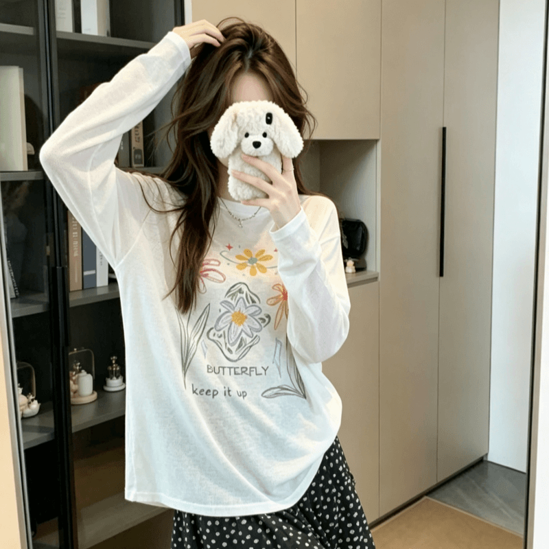 실사 자외선 차단 블라우스 여성 여름 얇은 스타일 루즈핏 프린트 화이트 긴팔 티셔츠 맨위 상세 이미지 4