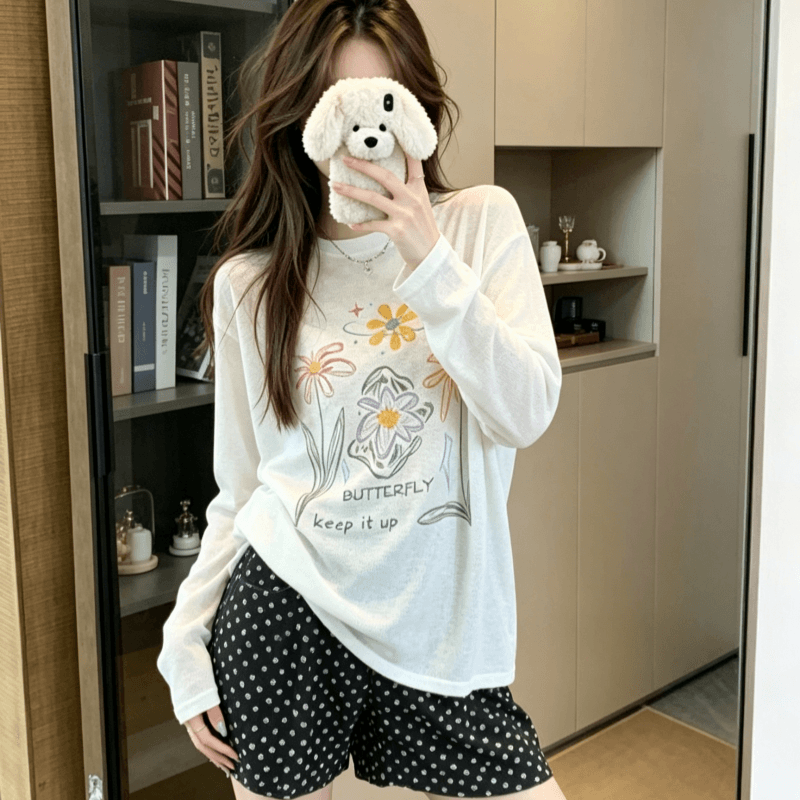 실사 자외선 차단 블라우스 여성 여름 얇은 스타일 루즈핏 프린트 화이트 긴팔 티셔츠 맨위 상세 이미지 5