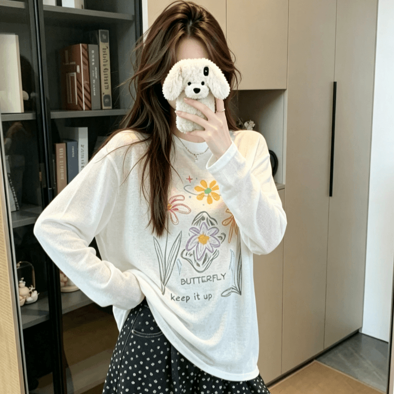 실사 자외선 차단 블라우스 여성 여름 얇은 스타일 루즈핏 프린트 화이트 긴팔 티셔츠 맨위 상세 이미지 7