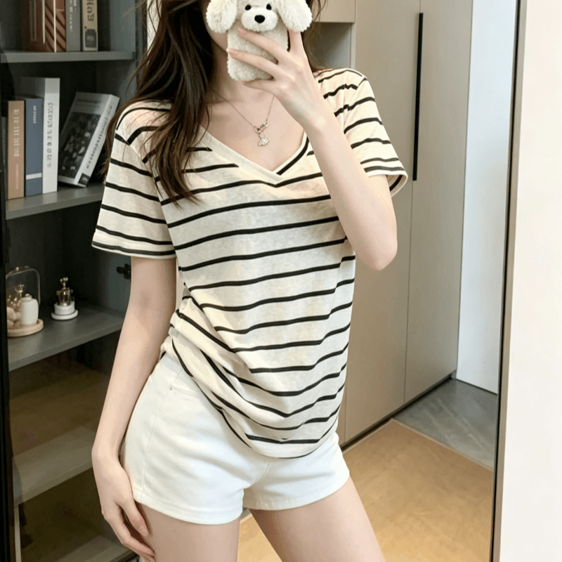 실사 흑백 줄무늬 V넥 반팔 티셔츠 여성 여름 느긋한 캐주얼 바람 순수한 욕망 블라우스 맨위 상세 이미지 6