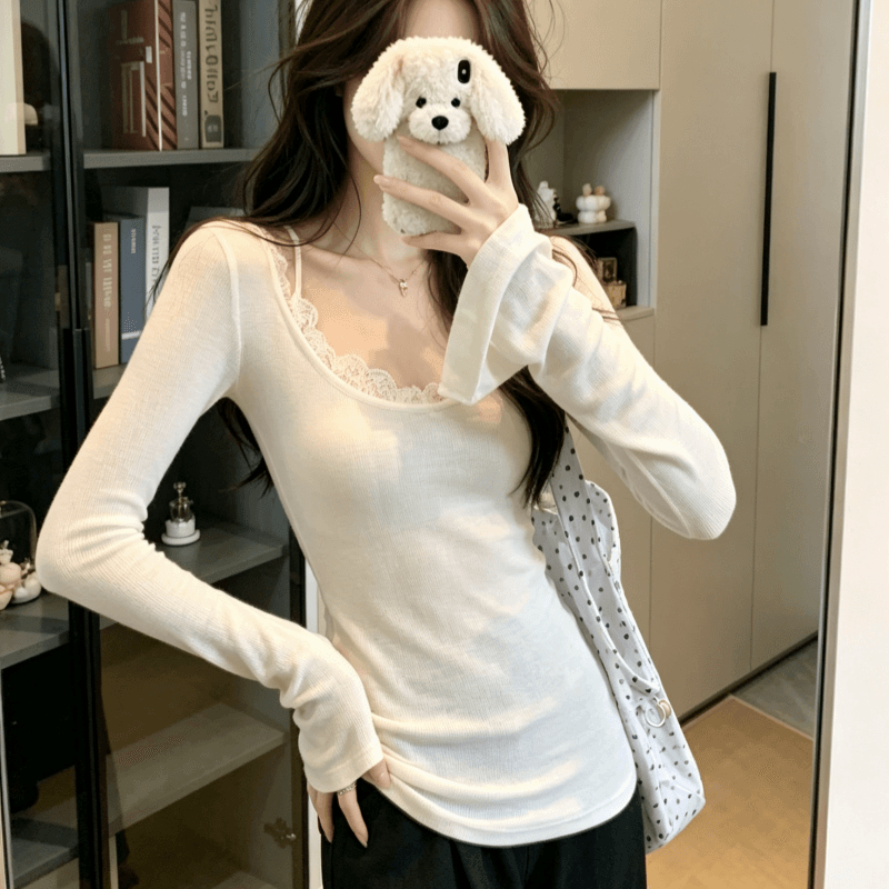 실사 순수한 욕망 디자인 센스 페이크 레이어드 레이스 레이스 긴팔 티셔츠 여성 몸매 가꾸기 기본 셔츠 맨위 이미지 3