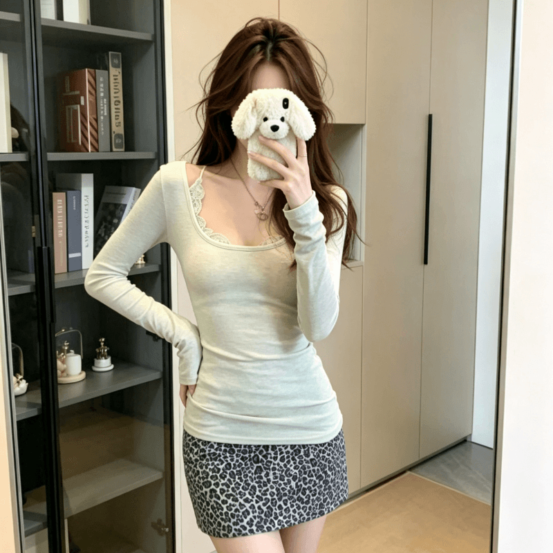 실사 순수한 욕망 디자인 센스 페이크 레이어드 레이스 레이스 긴팔 티셔츠 여성 몸매 가꾸기 기본 셔츠 맨위 이미지 4