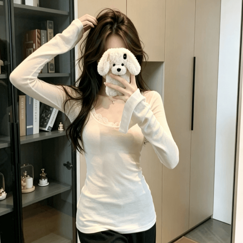 실사 순수한 욕망 디자인 센스 페이크 레이어드 레이스 레이스 긴팔 티셔츠 여성 몸매 가꾸기 기본 셔츠 맨위 상세 이미지 2