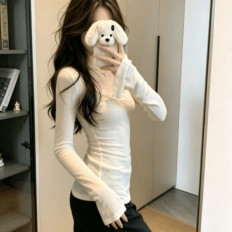 실사 순수한 욕망 디자인 센스 페이크 레이어드 레이스 레이스 긴팔 티셔츠 여성 몸매 가꾸기 기본 셔츠 맨위 상세 이미지 4