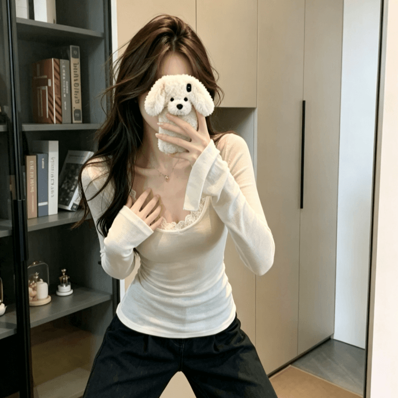 실사 순수한 욕망 디자인 센스 페이크 레이어드 레이스 레이스 긴팔 티셔츠 여성 몸매 가꾸기 기본 셔츠 맨위 상세 이미지 6