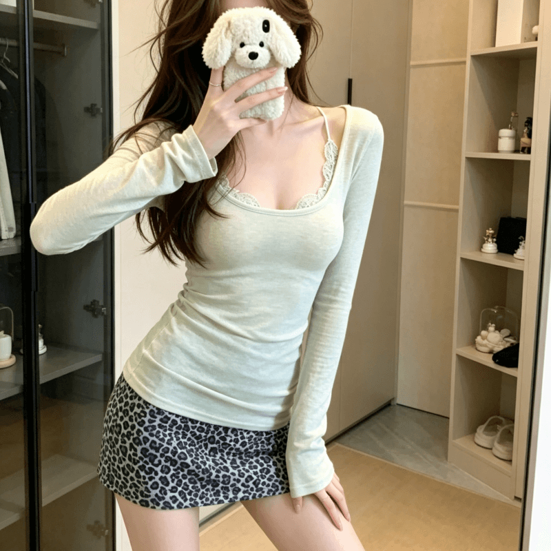 실사 순수한 욕망 디자인 센스 페이크 레이어드 레이스 레이스 긴팔 티셔츠 여성 몸매 가꾸기 기본 셔츠 맨위 상세 이미지 11