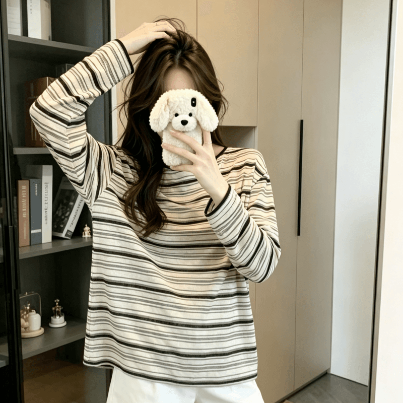 실사 스트라이프 라운드 넥 홀로우 아웃 스트랩 긴팔 자외선 차단 티셔츠 여성 가을 얇은 스타일 루즈핏 느긋한 바람 맨위 상세 이미지 2