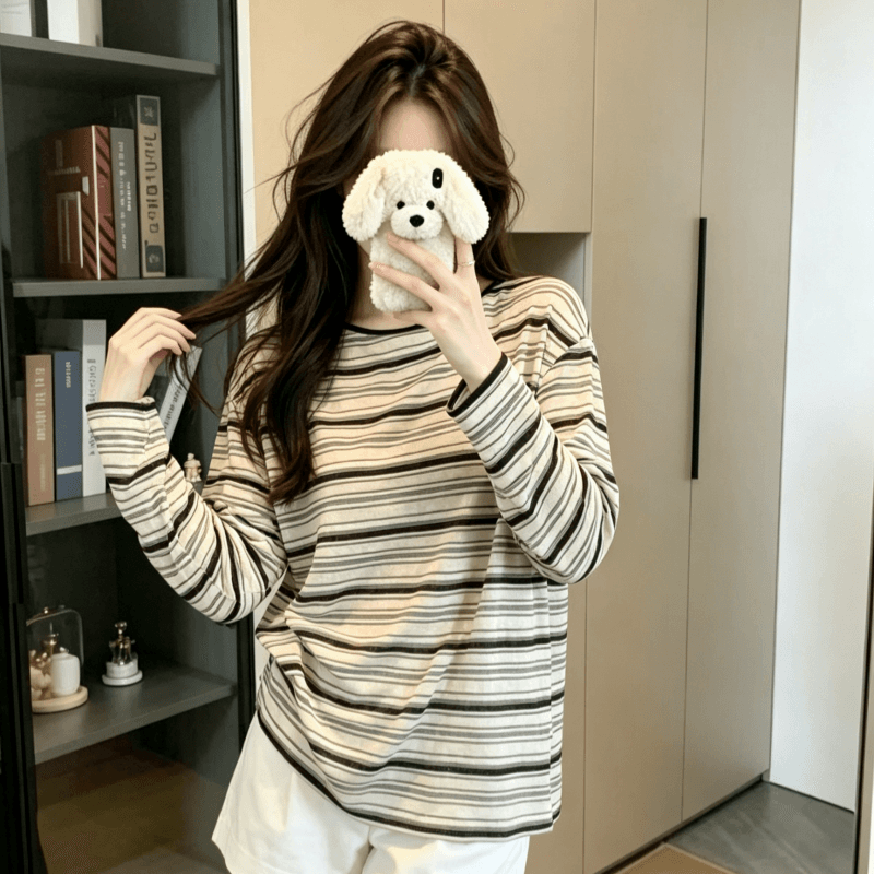 실사 스트라이프 라운드 넥 홀로우 아웃 스트랩 긴팔 자외선 차단 티셔츠 여성 가을 얇은 스타일 루즈핏 느긋한 바람 맨위 상세 이미지 5