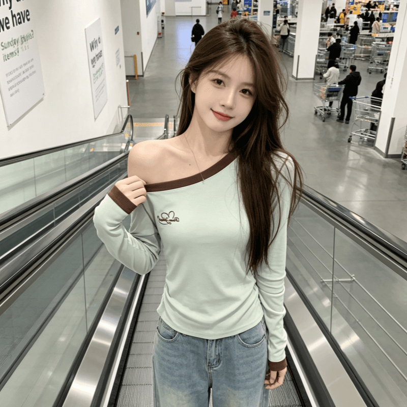 실사 비스듬한 어깨 티셔츠 여성 조기 가을 올해 인기 ~ 중 아름다운 자이언트 잘 생긴 한 부서 느긋한 긴팔 맨위 상세 이미지 3