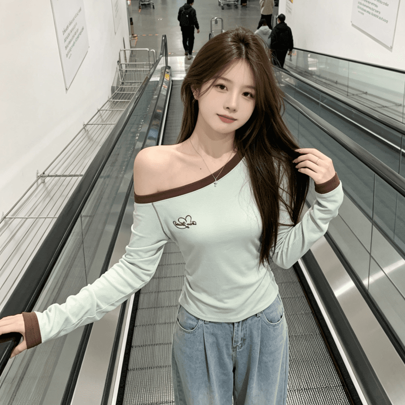 실사 비스듬한 어깨 티셔츠 여성 조기 가을 올해 인기 ~ 중 아름다운 자이언트 잘 생긴 한 부서 느긋한 긴팔 맨위 상세 이미지 5
