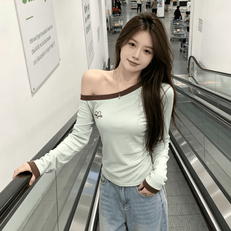 실사 비스듬한 어깨 티셔츠 여성 조기 가을 올해 인기 ~ 중 아름다운 자이언트 잘 생긴 한 부서 느긋한 긴팔 맨위 상세 이미지 6