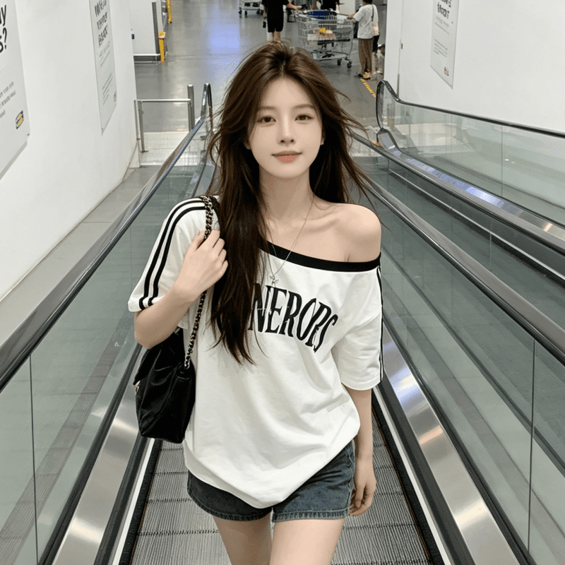 실사 순면 반팔 티셔츠 여성 의류 여름 새로운 루즈핏 한 부서 오프숄더 배색 비스듬한 칼라 맨위 이미지 5