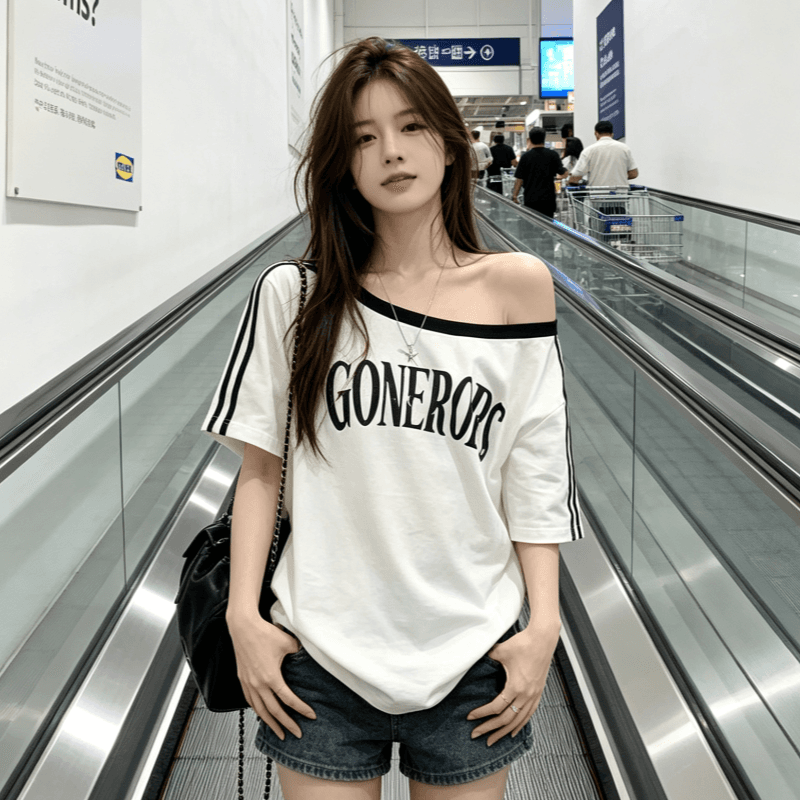 실사 순면 반팔 티셔츠 여성 의류 여름 새로운 루즈핏 한 부서 오프숄더 배색 비스듬한 칼라 맨위 상세 이미지 3
