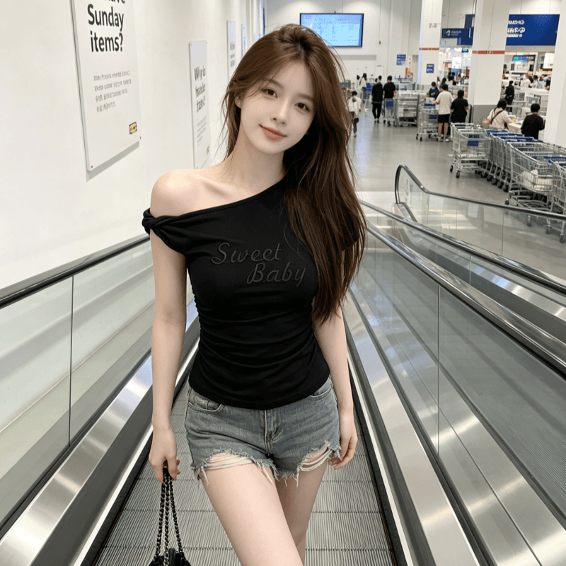 실사 반팔 티셔츠 여성 의류 여름 새로운 한 부서 작은 샤넬 스타일 몸매 가꾸기 알파벳 가시 자수 비스듬한 칼라 맨위 상세 이미지 9