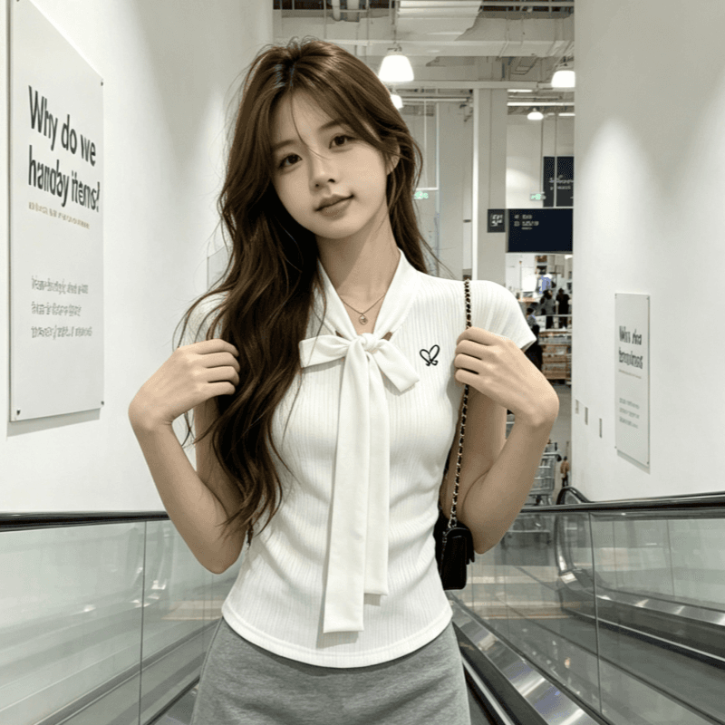 실사 한 부서 디자인 센스 나비 넥타이 V넥 반팔 티셔츠 여성 여름 달콤한 자매 몸매 가꾸기 슬림해 보이는 쇼트 스타일 맨위 이미지 2
