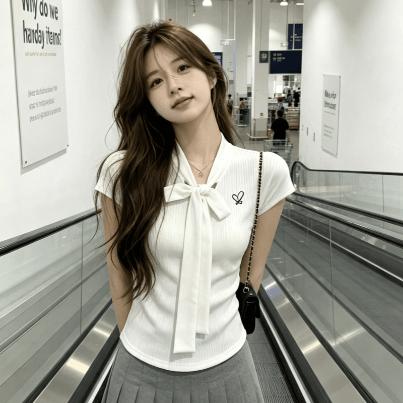 실사 한 부서 디자인 센스 나비 넥타이 V넥 반팔 티셔츠 여성 여름 달콤한 자매 몸매 가꾸기 슬림해 보이는 쇼트 스타일 맨위 상세 이미지 2