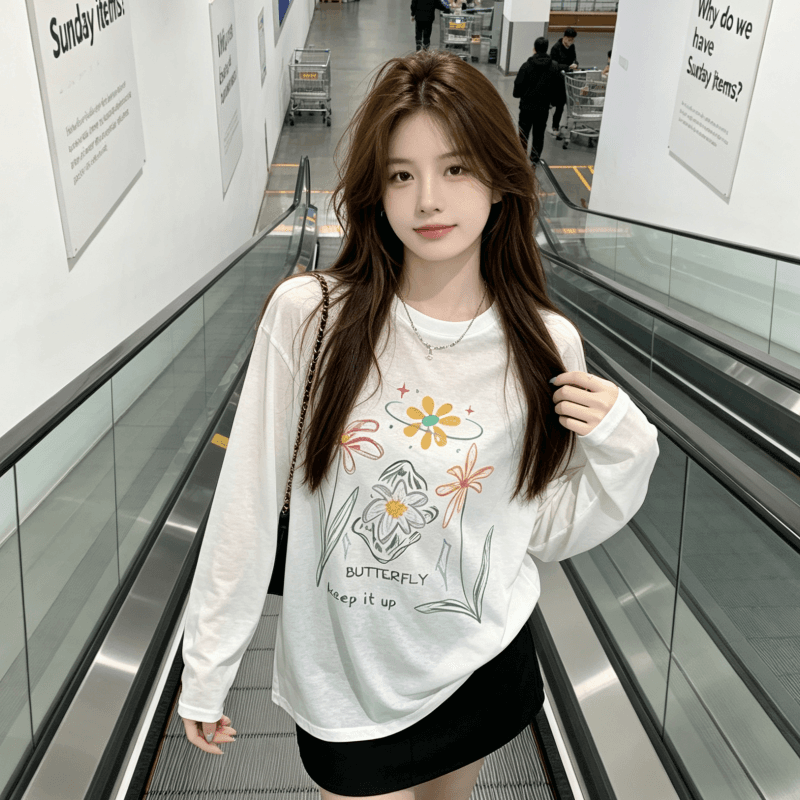 실사 자외선 차단 블라우스 여성 여름 얇은 스타일 루즈핏 프린트 화이트 긴팔 티셔츠 맨위 이미지 2