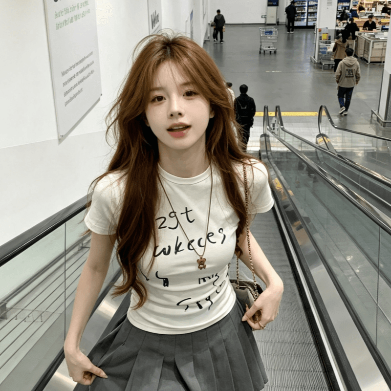 실사 순면 리브 반팔 티셔츠 여름 2026 새로운 트렌디 재미있는 프린트 몸매 가꾸기 슬림해 보이는 라운드 넥 맨위 여성 의류 이미지 3
