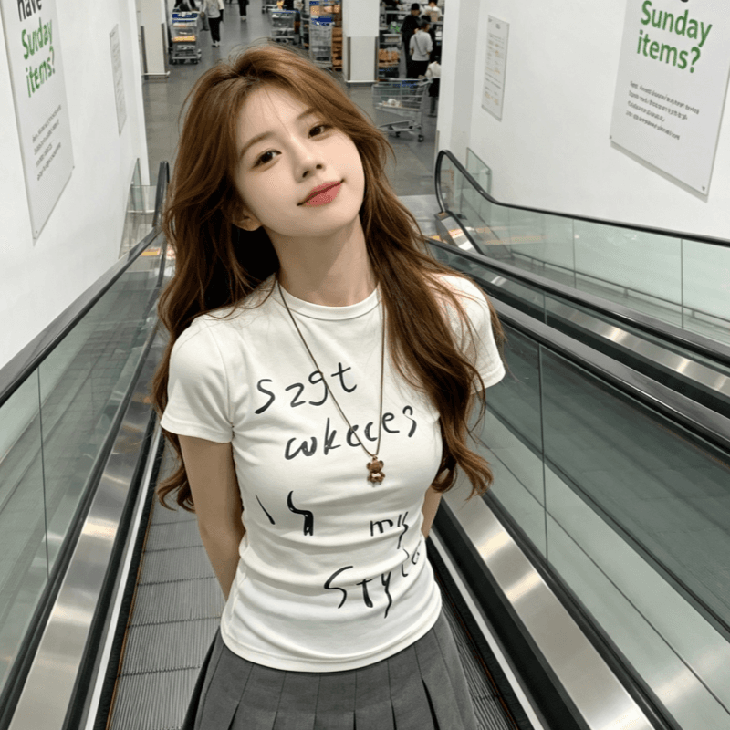 실사 순면 리브 반팔 티셔츠 여름 2026 새로운 트렌디 재미있는 프린트 몸매 가꾸기 슬림해 보이는 라운드 넥 맨위 여성 의류 상세 이미지 2