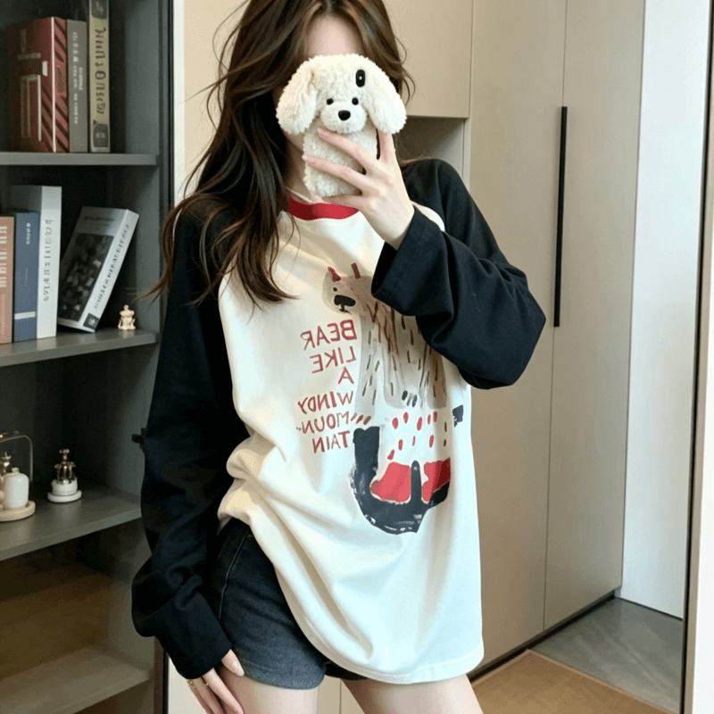 실사 순면 긴팔 티셔츠 얇은 스타일 삽입 어깨 소매 2026 봄 가을 새로운 라운드 넥 기본 셔츠 맨위 여성 의류