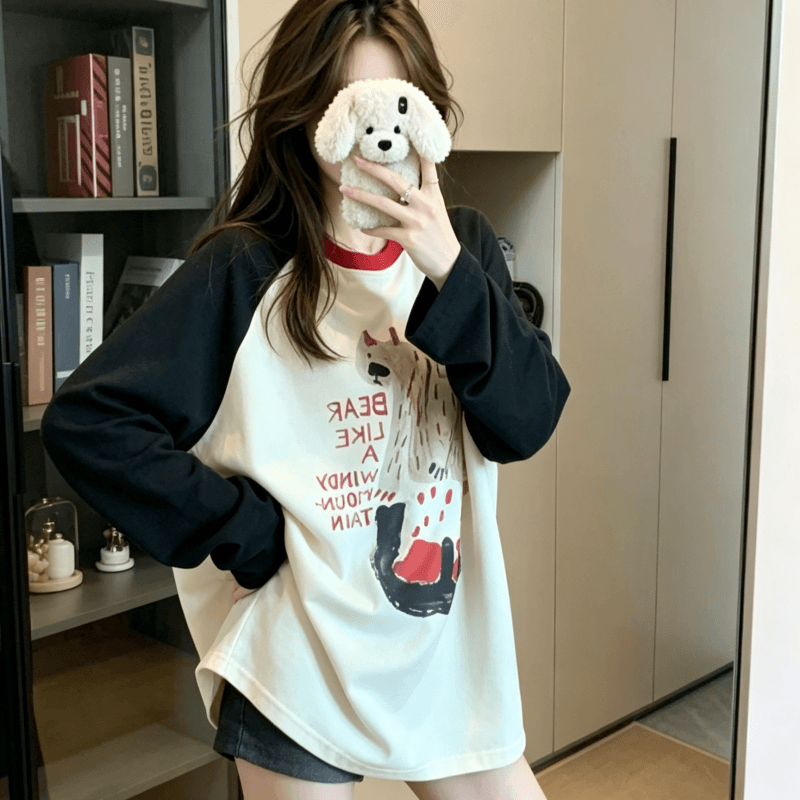 실사 순면 긴팔 티셔츠 얇은 스타일 삽입 어깨 소매 2026 봄 가을 새로운 라운드 넥 기본 셔츠 맨위 여성 의류 이미지 4