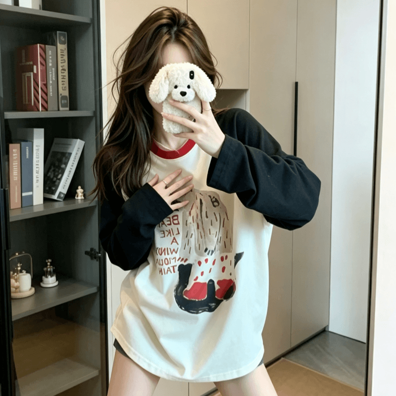 실사 순면 긴팔 티셔츠 얇은 스타일 삽입 어깨 소매 2026 봄 가을 새로운 라운드 넥 기본 셔츠 맨위 여성 의류 이미지 3