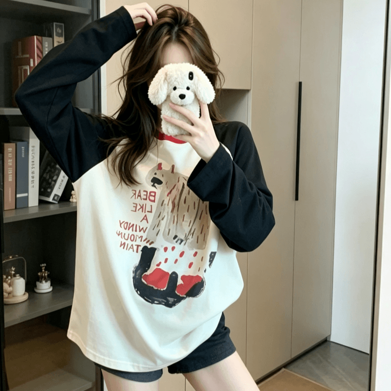 실사 순면 긴팔 티셔츠 얇은 스타일 삽입 어깨 소매 2026 봄 가을 새로운 라운드 넥 기본 셔츠 맨위 여성 의류 상세 이미지 4
