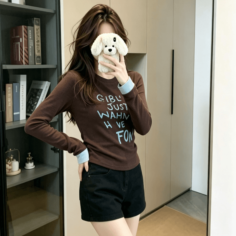 실사 정가 긴팔 티셔츠 기본 셔츠 여성 얇은 스타일 봄 가을 배색 새로운 루즈핏 라운드 넥 맨위 상세 이미지 2