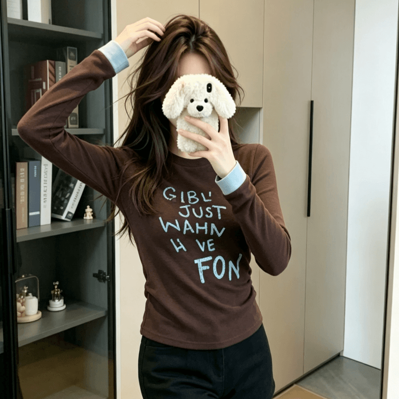 실사 정가 긴팔 티셔츠 기본 셔츠 여성 얇은 스타일 봄 가을 배색 새로운 루즈핏 라운드 넥 맨위 상세 이미지 4
