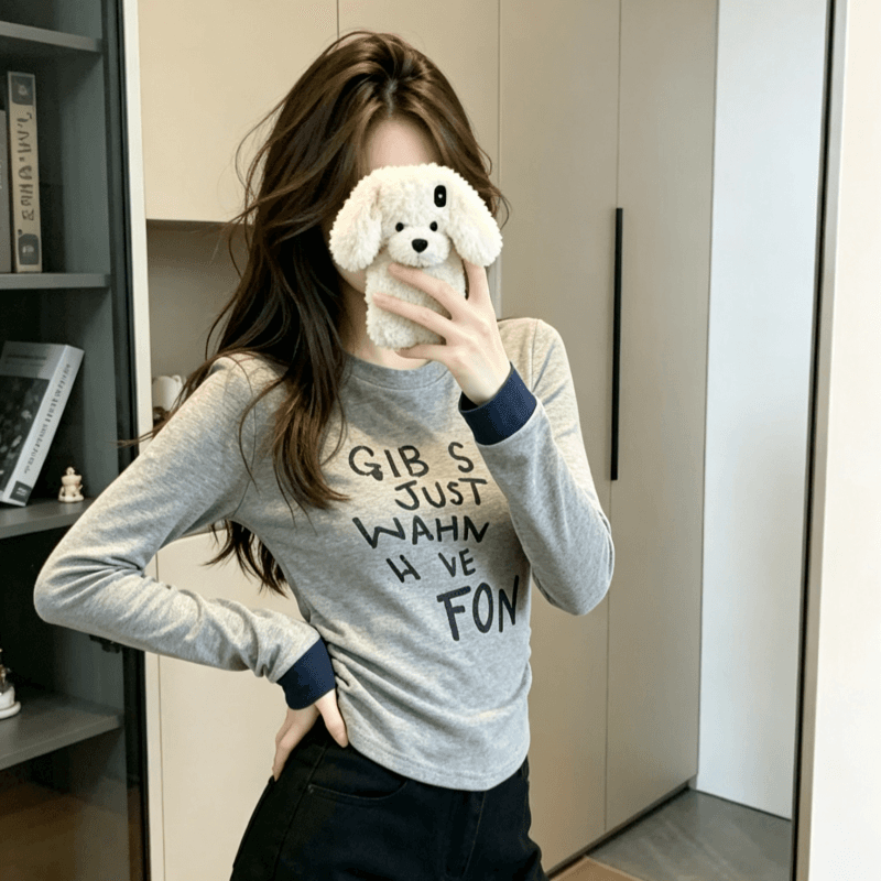 실사 아메리칸 핫걸 핀치 Pleat 알파벳 프린트 커프스 패치워크 라운드 넥 티셔츠 여성 가을 캐주얼 다용도 맨위 이미지 5