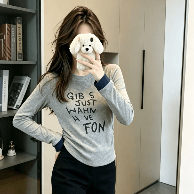 실사 아메리칸 핫걸 핀치 Pleat 알파벳 프린트 커프스 패치워크 라운드 넥 티셔츠 여성 가을 캐주얼 다용도 맨위 상세 이미지 2