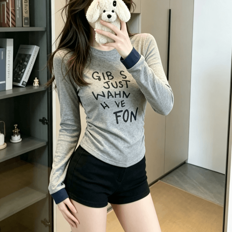 실사 아메리칸 핫걸 핀치 Pleat 알파벳 프린트 커프스 패치워크 라운드 넥 티셔츠 여성 가을 캐주얼 다용도 맨위 상세 이미지 3