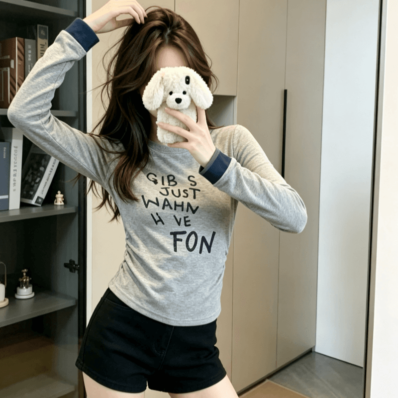 실사 아메리칸 핫걸 핀치 Pleat 알파벳 프린트 커프스 패치워크 라운드 넥 티셔츠 여성 가을 캐주얼 다용도 맨위 상세 이미지 5