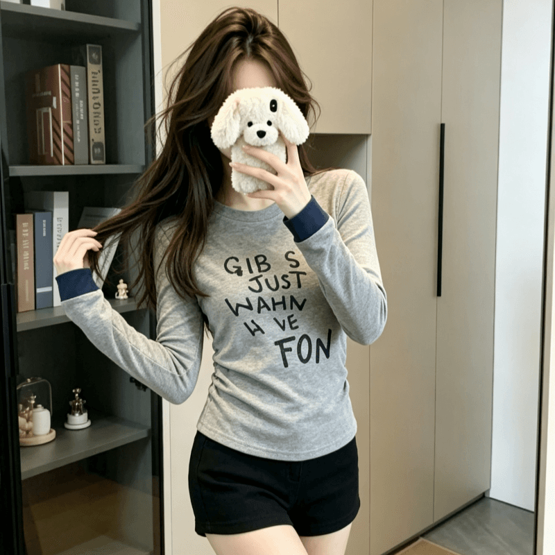 실사 아메리칸 핫걸 핀치 Pleat 알파벳 프린트 커프스 패치워크 라운드 넥 티셔츠 여성 가을 캐주얼 다용도 맨위 상세 이미지 8