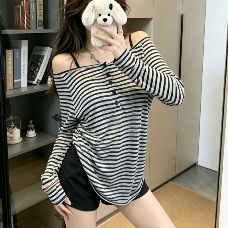 실사 느긋한 바람 한 부서 스트라이프 긴팔 티셔츠 여성 여름 느슨함 센스 얇은 스타일 마이크로 ~을 통해 자외선 차단 블라우스 맨위
