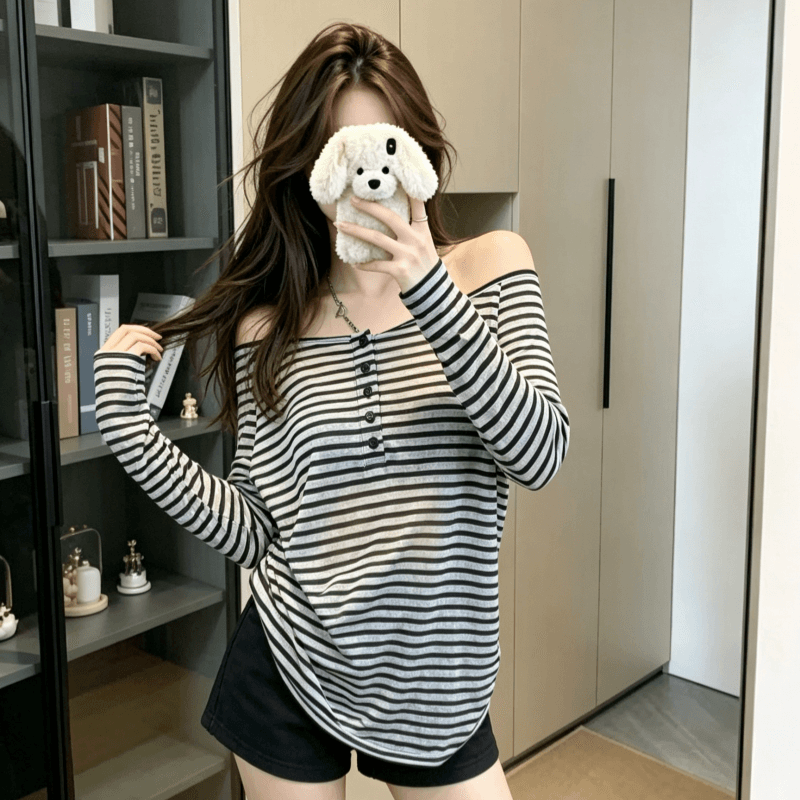 실사 느긋한 바람 한 부서 스트라이프 긴팔 티셔츠 여성 여름 느슨함 센스 얇은 스타일 마이크로 ~을 통해 자외선 차단 블라우스 맨위 이미지 3