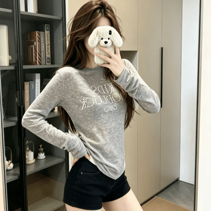 실사 아메리칸 진주 핫픽스 긴팔 티셔츠 여성 여름 이른 가을 몸매 가꾸기 얇은 스타일 자외선 차단 블라우스 가면 tee 상세 이미지 1
