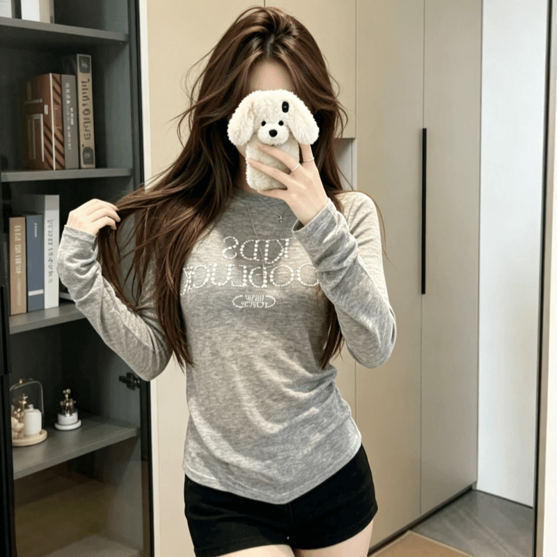 실사 아메리칸 진주 핫픽스 긴팔 티셔츠 여성 여름 이른 가을 몸매 가꾸기 얇은 스타일 자외선 차단 블라우스 가면 tee 상세 이미지 2