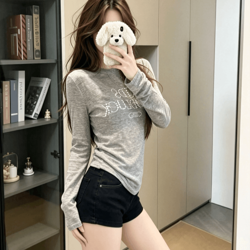 실사 아메리칸 진주 핫픽스 긴팔 티셔츠 여성 여름 이른 가을 몸매 가꾸기 얇은 스타일 자외선 차단 블라우스 가면 tee 상세 이미지 3