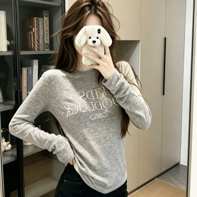 실사 아메리칸 진주 핫픽스 긴팔 티셔츠 여성 여름 이른 가을 몸매 가꾸기 얇은 스타일 자외선 차단 블라우스 가면 tee 상세 이미지 4