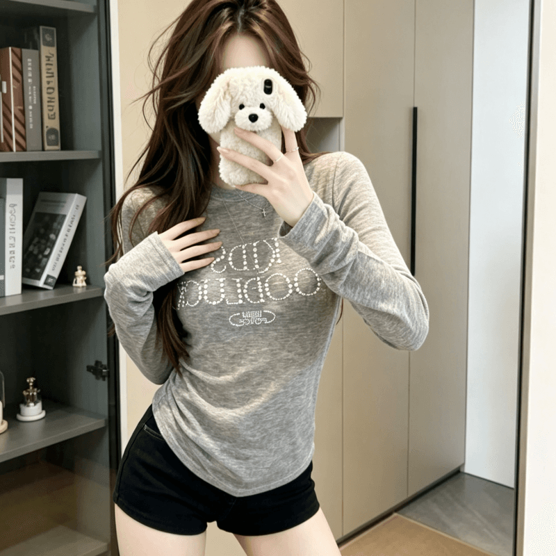 실사 아메리칸 진주 핫픽스 긴팔 티셔츠 여성 여름 이른 가을 몸매 가꾸기 얇은 스타일 자외선 차단 블라우스 가면 tee 상세 이미지 6